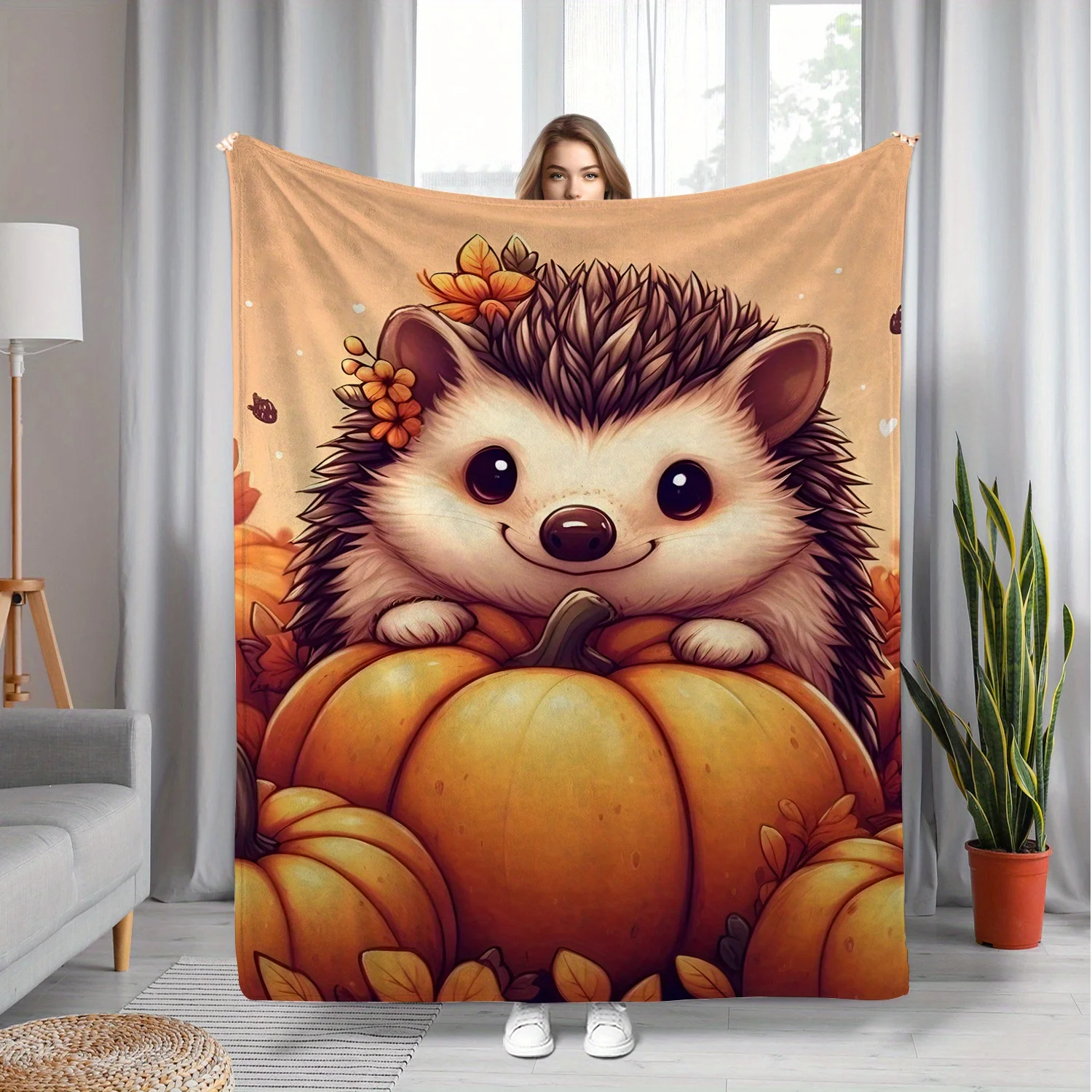 Cozy Hedgehog & Pumpkin Cartoon Blanket - Soft, Warm Flannel Throw for Napping, Sofa, Office, Camping - Versatile All-Season Gif