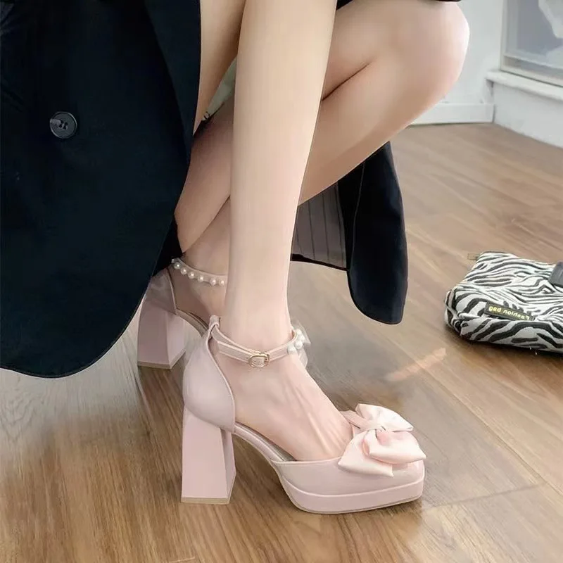 Comfort Shoes for Women Open Toe 2024 Sandals Block Heels Buckle Strap Suit Female Beige Peep Spring New Fashion Bow Chunky Clog