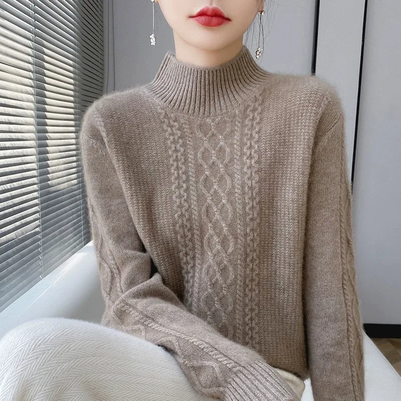   เสื้อสเวตเตอร์ไหมพรมผู้หญิง สำหรับฤดูใบไม้ร่วงและฤดูหนาว คอสูง ถักลายดอกไม้บิดเกลียว หนานุ่ม แฟชั่น