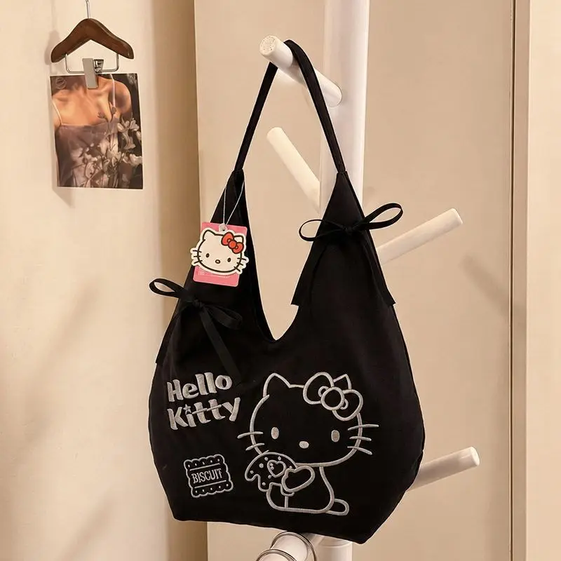 Hello Kitty Embroidery Pattern Black Bowknot Shoulder Bag Portable Large Capacity Underarm Bag Cartoon Holiday Gift for Women