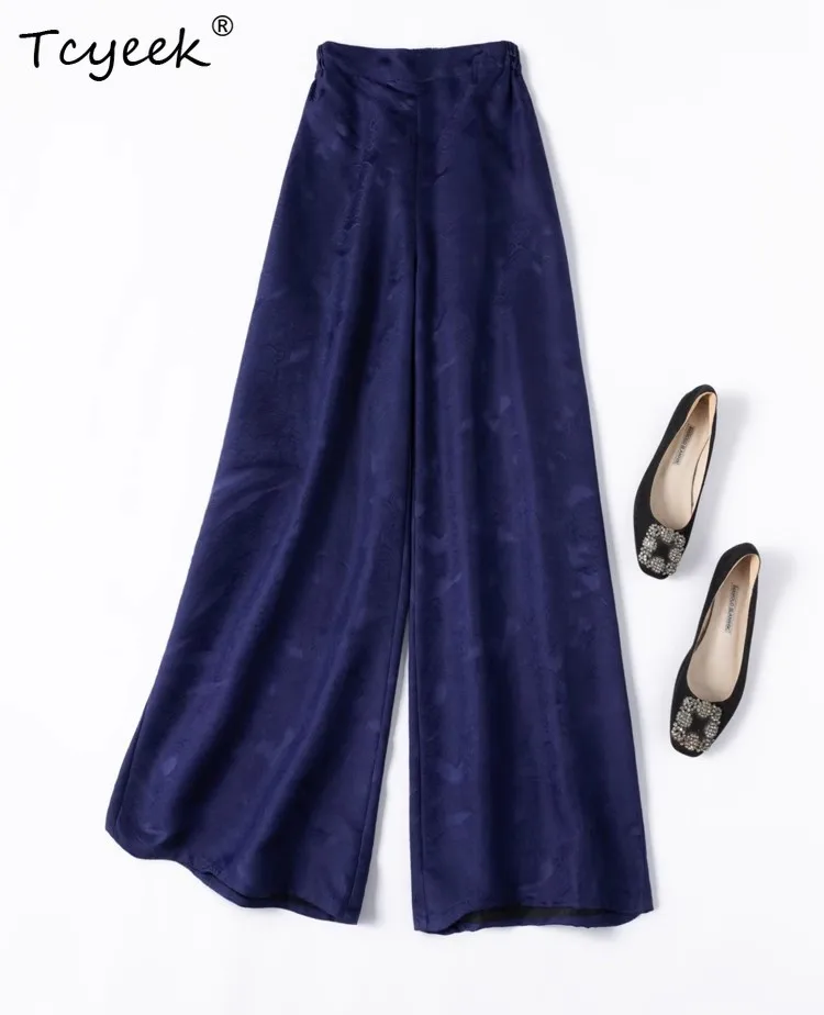 

Tcyeek летние брюки из 100% тутового шелка, женские широкие брюки из тяжелого атласа с жаккардовым волнистым узором и эластичной резинкой на талии, новинка 2025 P55830JF