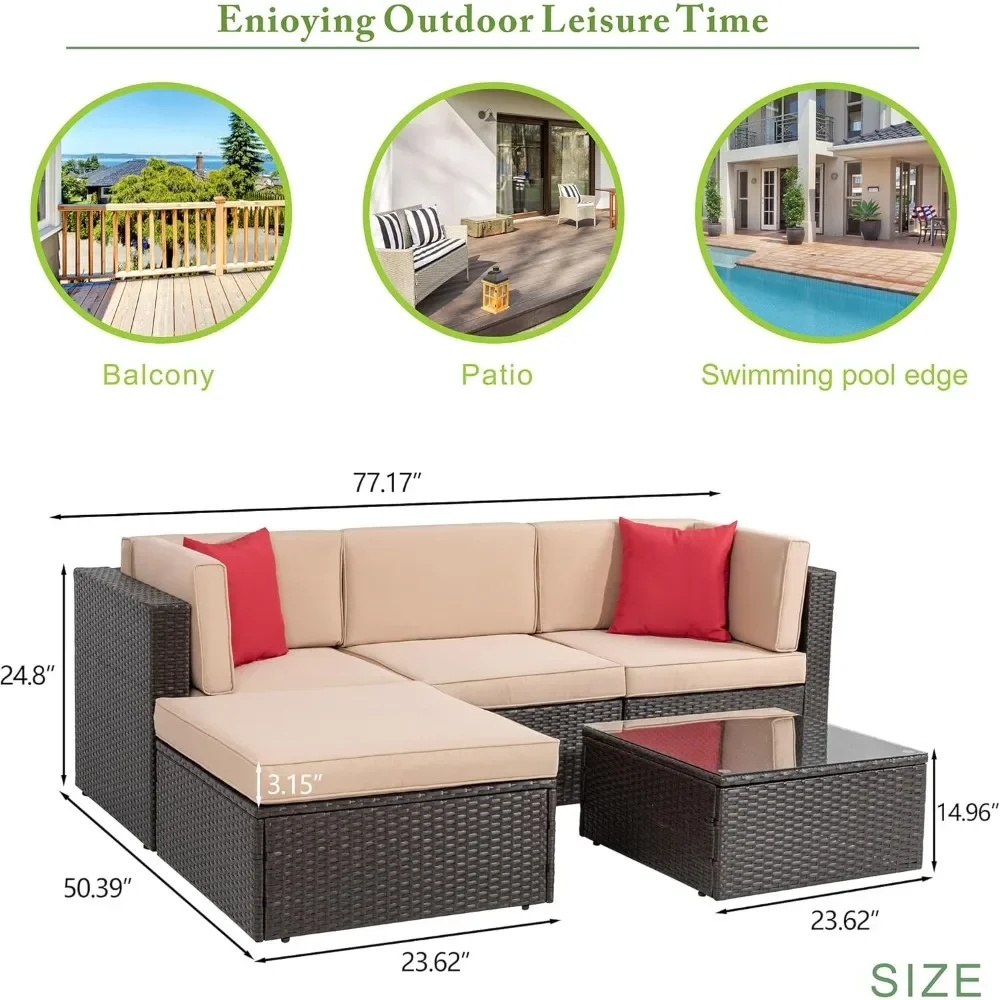 Garden Sofa, 5-piece Set of Brown PE Wicker Beige Outdoor Sofa with Ottoman Style Glass Table, Red Pillow, Terrace Sofa