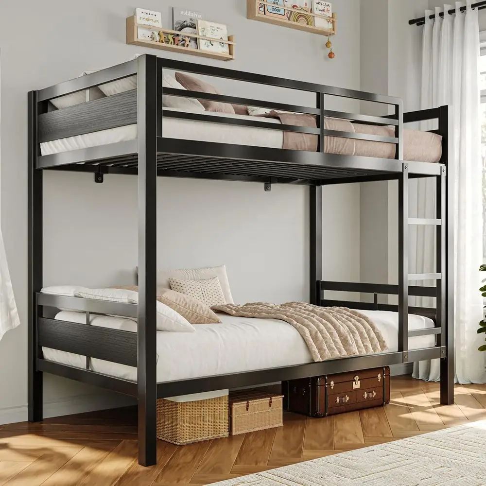 Twin Over Twin Metal Bunk Bed - Heavy Duty with High Guardrail, Safety Entrance, Storage Space, Easy Assembly, Noise-Free, Black