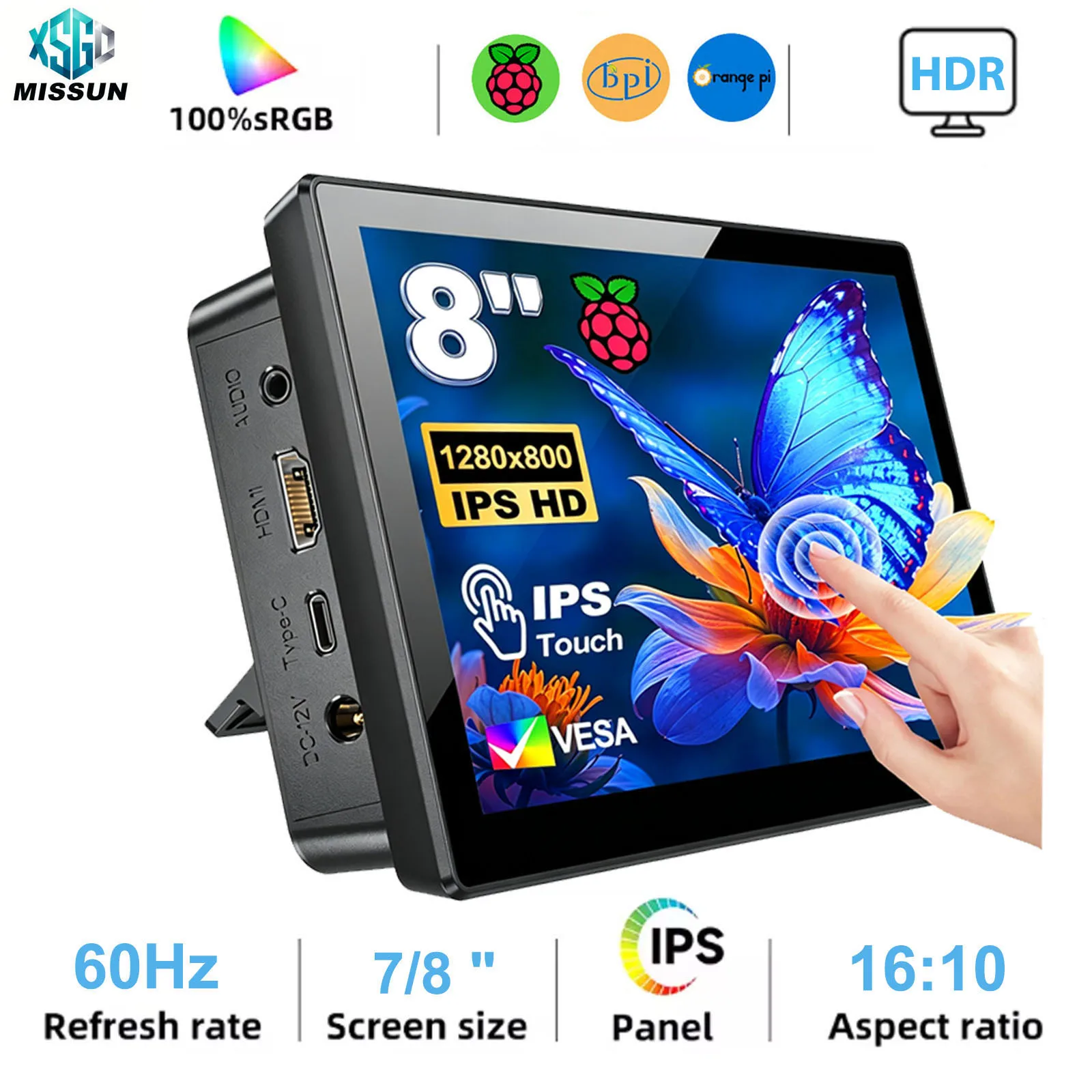 MISSUN 7/8 Inch Raspberry Pi 5 4 3 Touchscreen Monitor 1280x800 HDMI USB Speaker Fan for Raspi Drive Free Adapted for Orange Pi