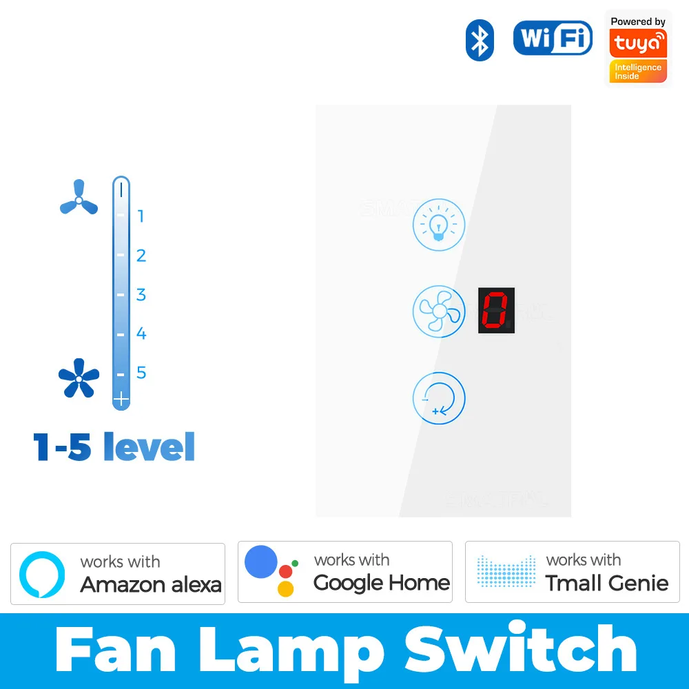 สวิตช์ไฟอัจฉริยะแบบสัมผัส Graffiti Smart Home WiFi สวิตช์ติดผนังทันสมัยสำหรับพัดลมและไฟ ปรับความเร็วได้ ควบคุมการตั้งเวลาผ่านแอป Wall Rules