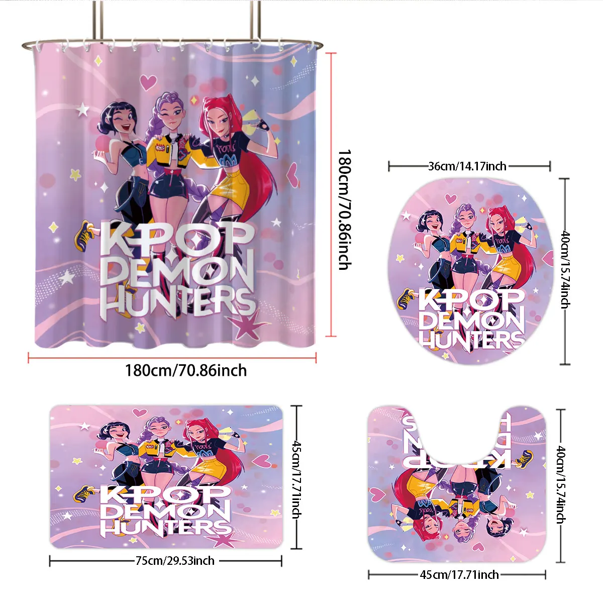

4pcs K-pop Demon Hunters Shower Curtain Bath Mats Set Rumi Mira Zoey Saja Boys Printed Bathroom Products Durable Non-slip Rug