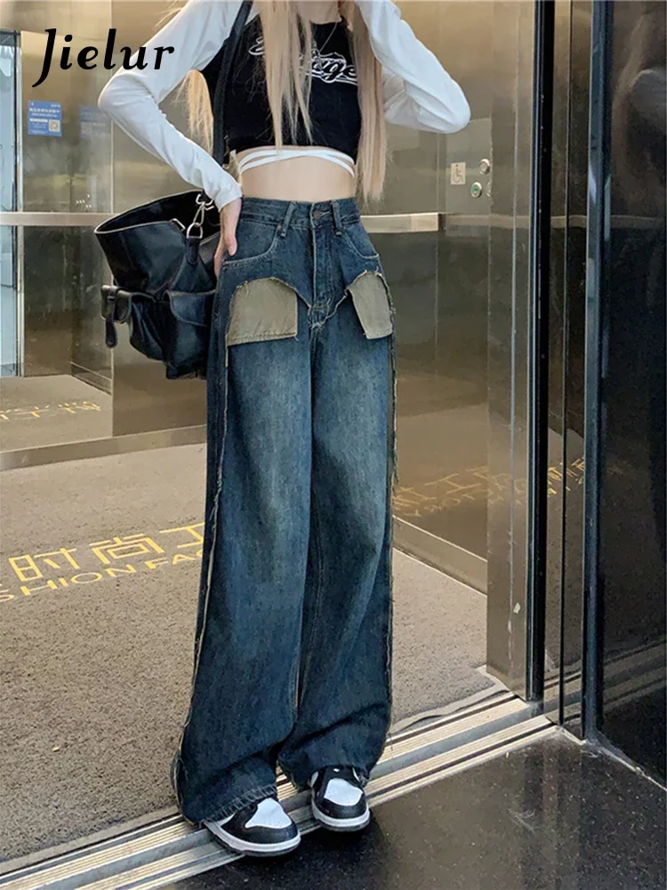 

Jielur Spliced Mosaic Blue Jeans Women Autumn New Hit Color Pockets High Waist Loose Straight Denim Wide Leg Pants Female