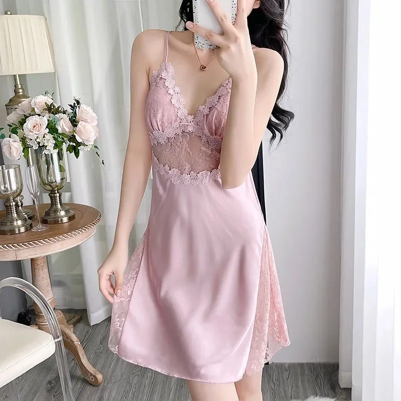 

Women Sexy Lace V-neck Silk Sleepwear Suspenders Nightdresses Female Sleeveless Nightwear Sleep Nightdress For Ladies