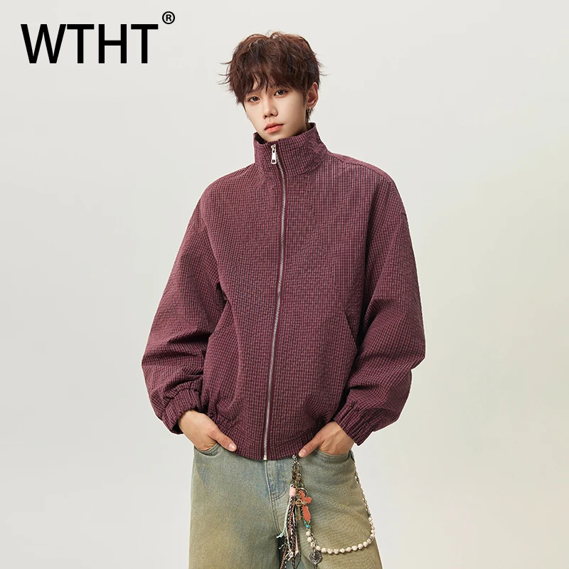 WTHT Fashion Trendy 2026 Spring Men's Plaid Loose Casual Design Coats Vintage Turn Down Collar Zipper Jackets Male 2A2728