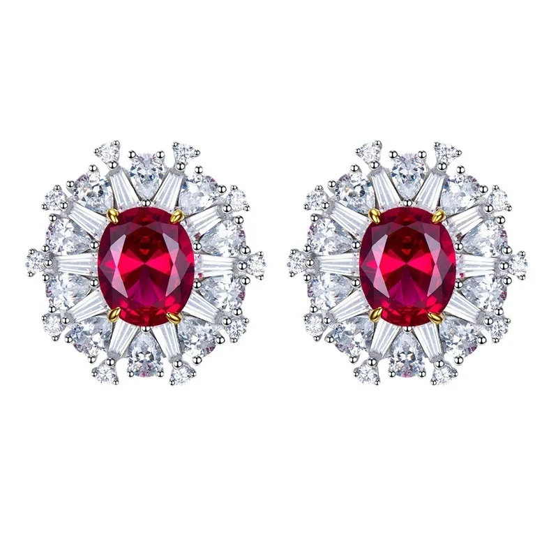 

2023 New 925 Silver Surround Set with 8 * 10 Egg shaped Ruby Earrings for Women High Carbon Diamond Luxury Earrings