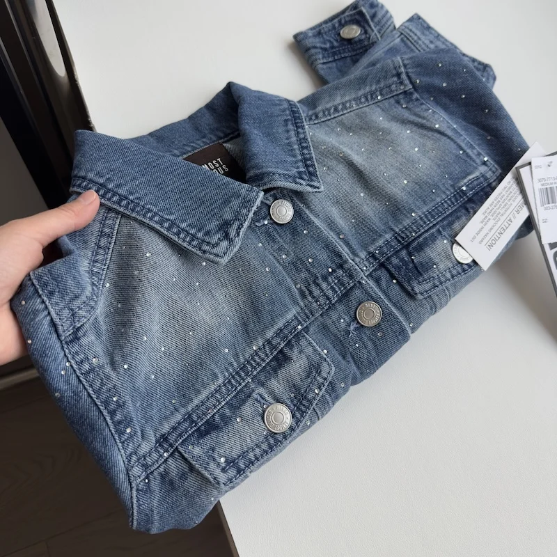 

Vintage Diamond Design Tops For Women Slimfit Commuting Denim Coats Streetwear Round Neck All Match Short Jacket