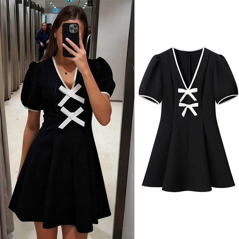 

CharmChant Autumn Winter Mini Dresses 2025 Woman High Waist V-neck Color-block Short Elegant Chic Casual Party Dresses with Cow