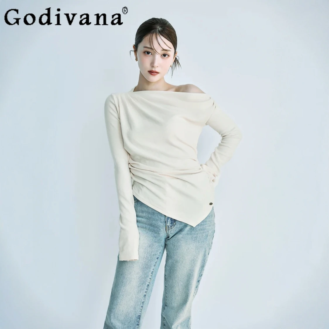 

Японская модная милая футболка с открытыми плечами и длинными рукавами, весна-осень, новинка 2025, женские облегающие элегантные топы, женский повседневный пуловер