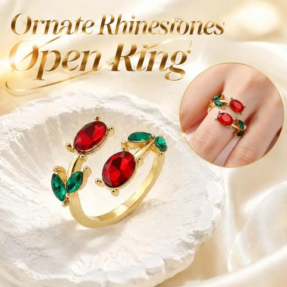 Elegant Adjustable Rhinestones Open Ring Sparkling Alloy Leaf-shaped Ring Ornate Crystal-inlaid Floral Statement Ring Daily Wear