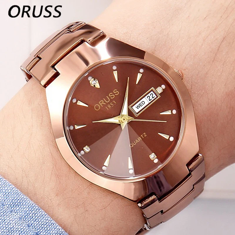 ORUSS Relogio Feminino Couple Watch Men Quartz watch for Lovers Luxury Womens wristwatch Week Display Stainless Steel Waterproof