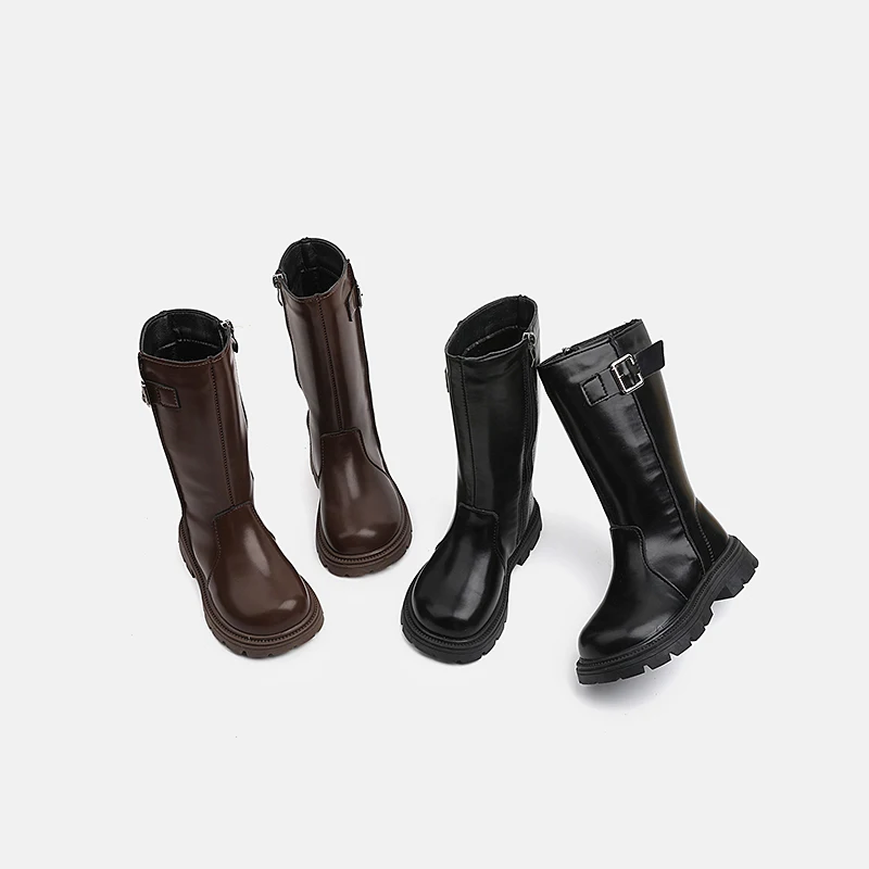 Little Girls Metal Buckle Mid‑Calf Riding Boots, PU Inner Zipper Thick Sole Fashion Kids Tall Boots