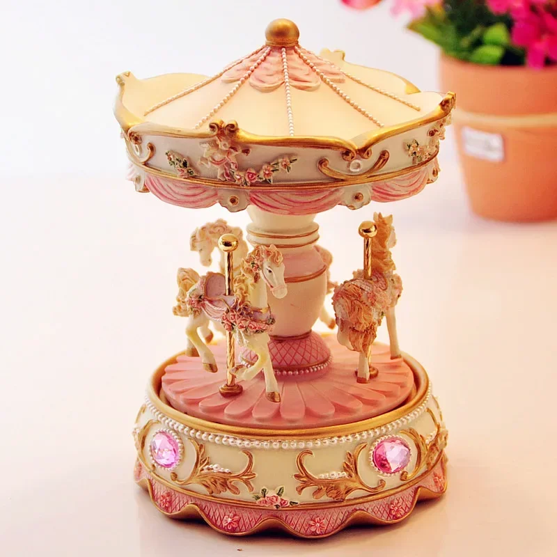 Flashing LED Light Carousel Resin Music Box Ornaments for Kids Birthday Wedding Gift Home Desktop Figurines Craft Decoration