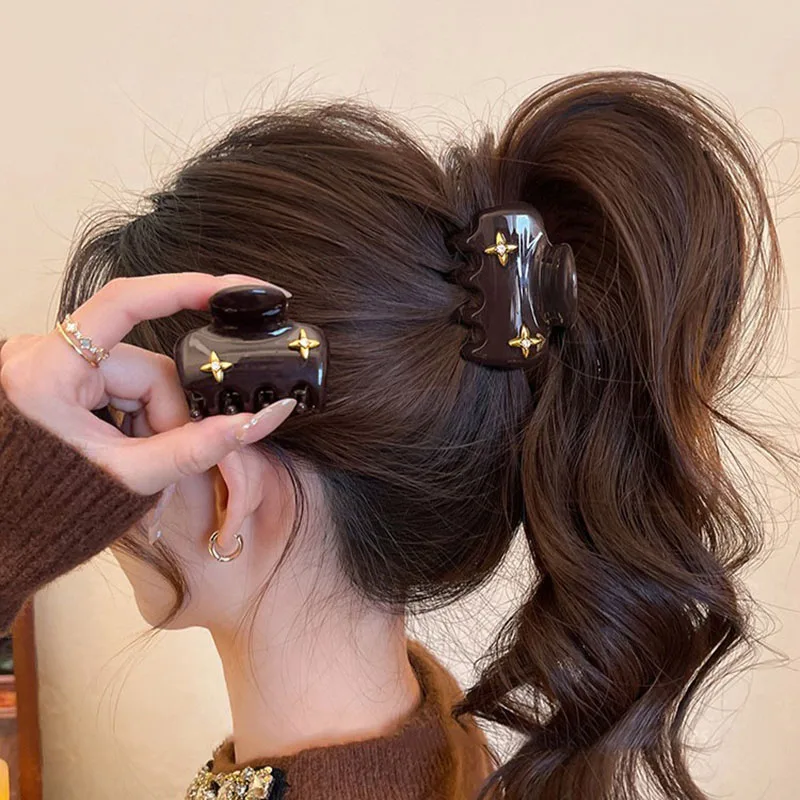 

Retro Chocolate Brown Gold Color Stars Hair Grips for Girls Korean Fashion Acetate Hair Claw Versatile Stylish Hair Accessories