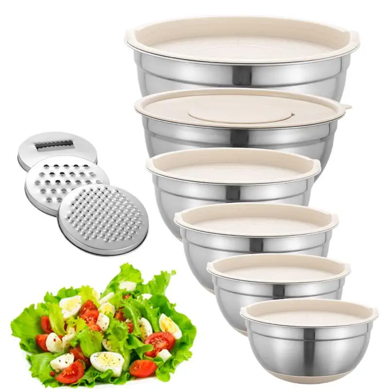 Mixing Bowls For Cooking Mixing Bowl Salad Mixing Bowls With Non-slip Base 6X Stainless Steel Khaki Nesting Bowls With Grater