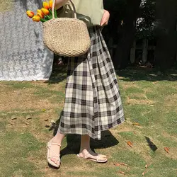 Blue Plaid Skirt Cheap Casual A-line Balloon Skirt Women's Summer Long Skirt for Woman Kawaii Clothes  Elegant Women's Skirts