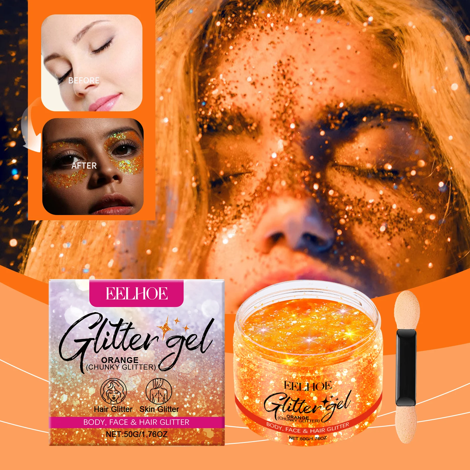 

EELHOE Orange Shimmer Gel for Face Body - Vegan, Moisturizing Glycerin Formula, Non-Sticky Glitter Makeup for Parties Festivals