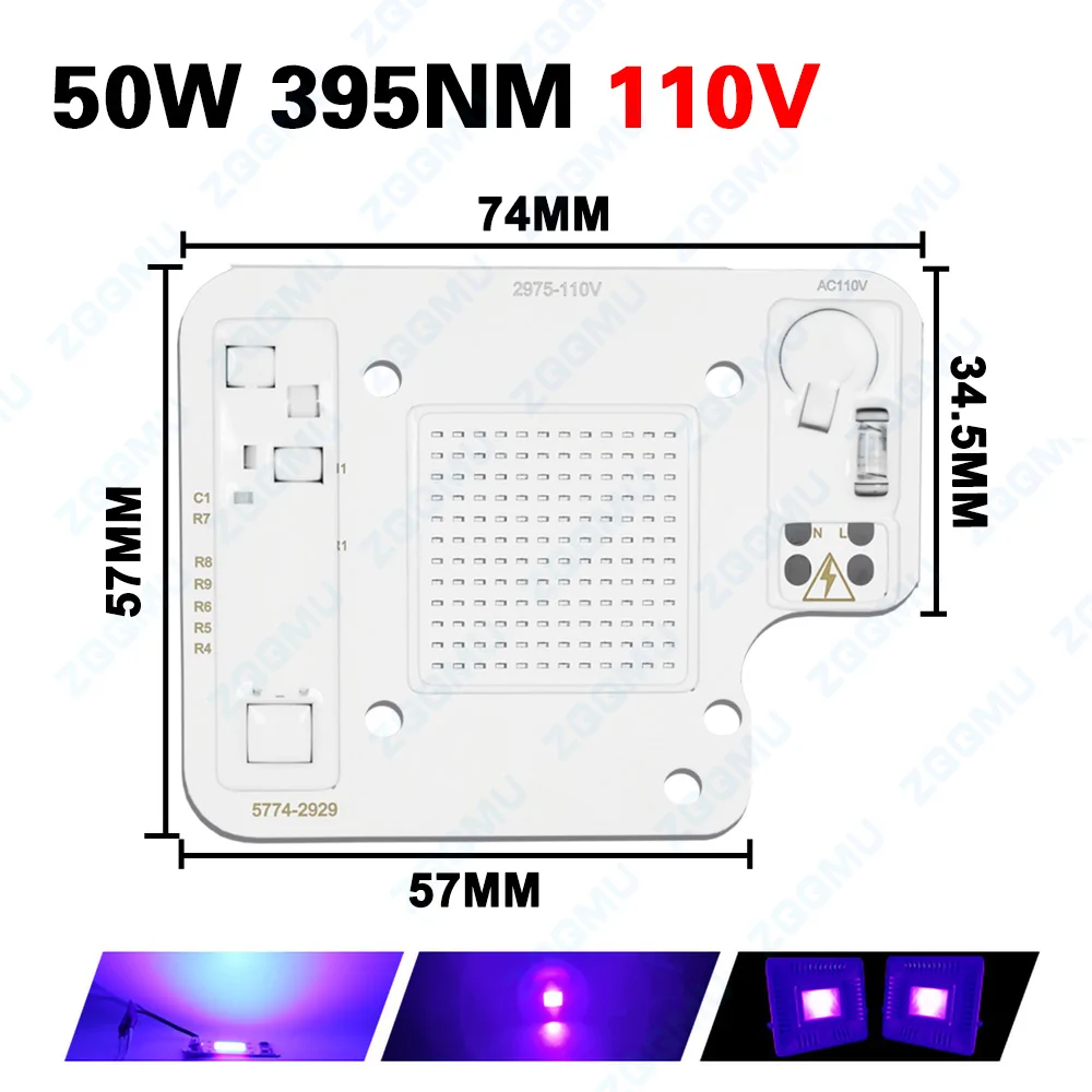 110V/220V 50W High-Power UV LED 395nm Purple UV Bulb Chip, COB Beads, Diodes, Suitable for Printer Curing Lighting