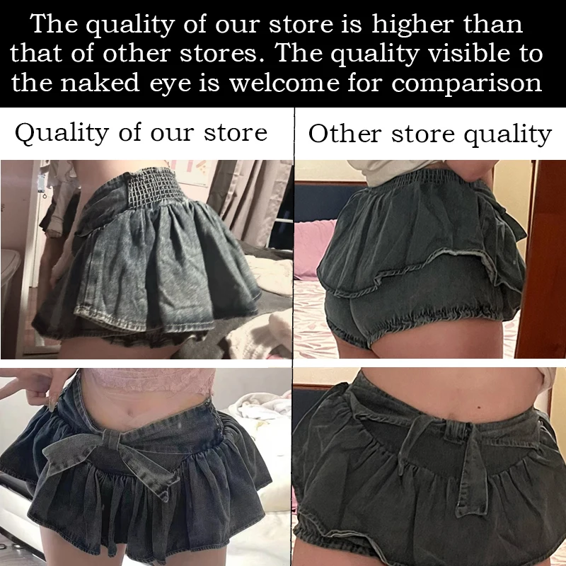 Y2k Bow Denim Skirt With Shorts Mini Skirt With Lining Women Vintage Gyaru Ruffle Low Waist Sexy Pleated Summer Streetwear 2023