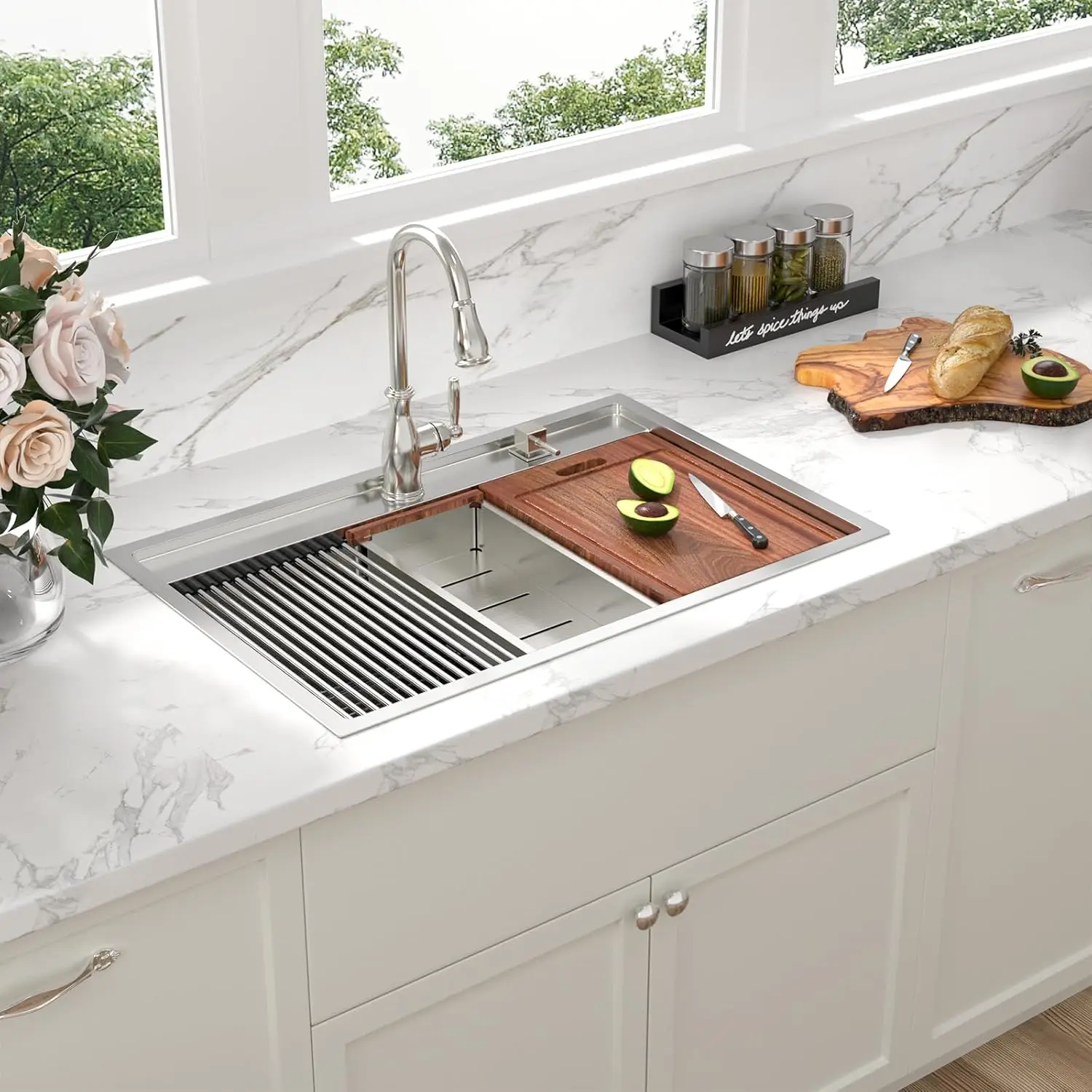 Guard Kitchen Sink - Sarlai 33 "x 22" lavelli da cucina a goccia postazione di lavoro a sporgenza 16 Gauge in acciaio inossidabile con montaggio superiore a vasca singola profonda