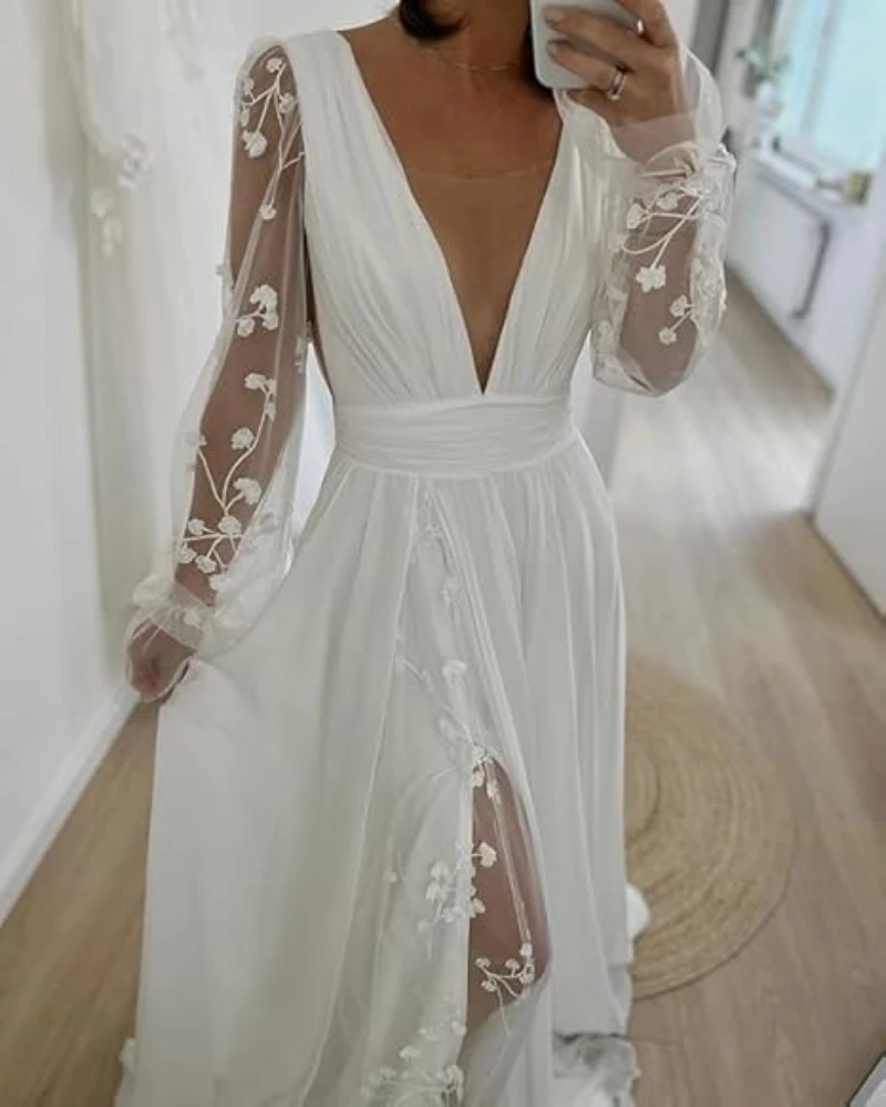 فساتين زفاف شيفون نسائية بأكمام طويلة للعروس دانتيل على شكل حرف A فستان زفاف طويل على الشاطئ