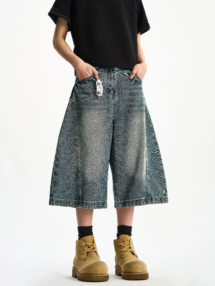 

Summer Vintage Lightning Pattern Blue Denim Seven-Foot Pants ex Loose Casual Hip Hop Wide Leg ort orts Casual Jeans