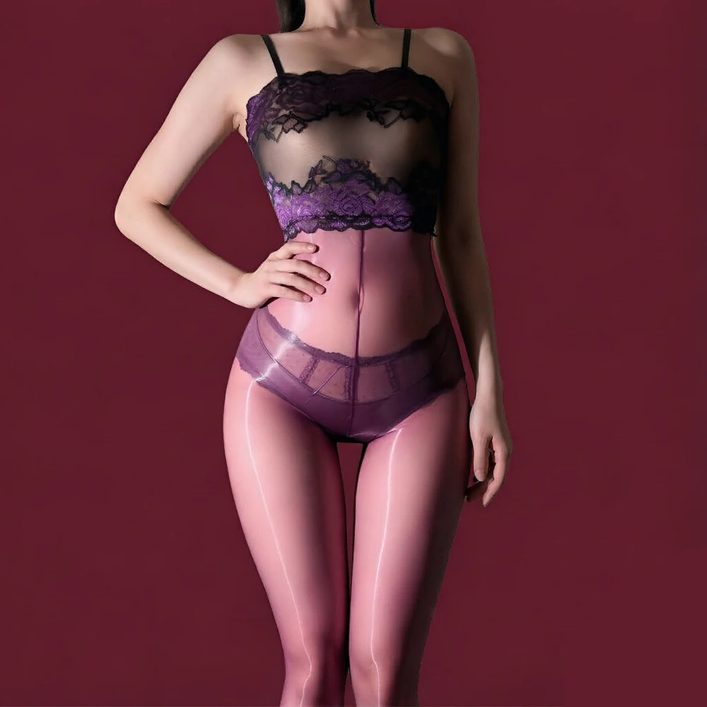 Fashion Women Lace Patchwrok Bodysuit Thin Oil Glossy Shiny Elastic Tights Home Yoga Shaping Jumpsuit One-Pieces Maid Leotard