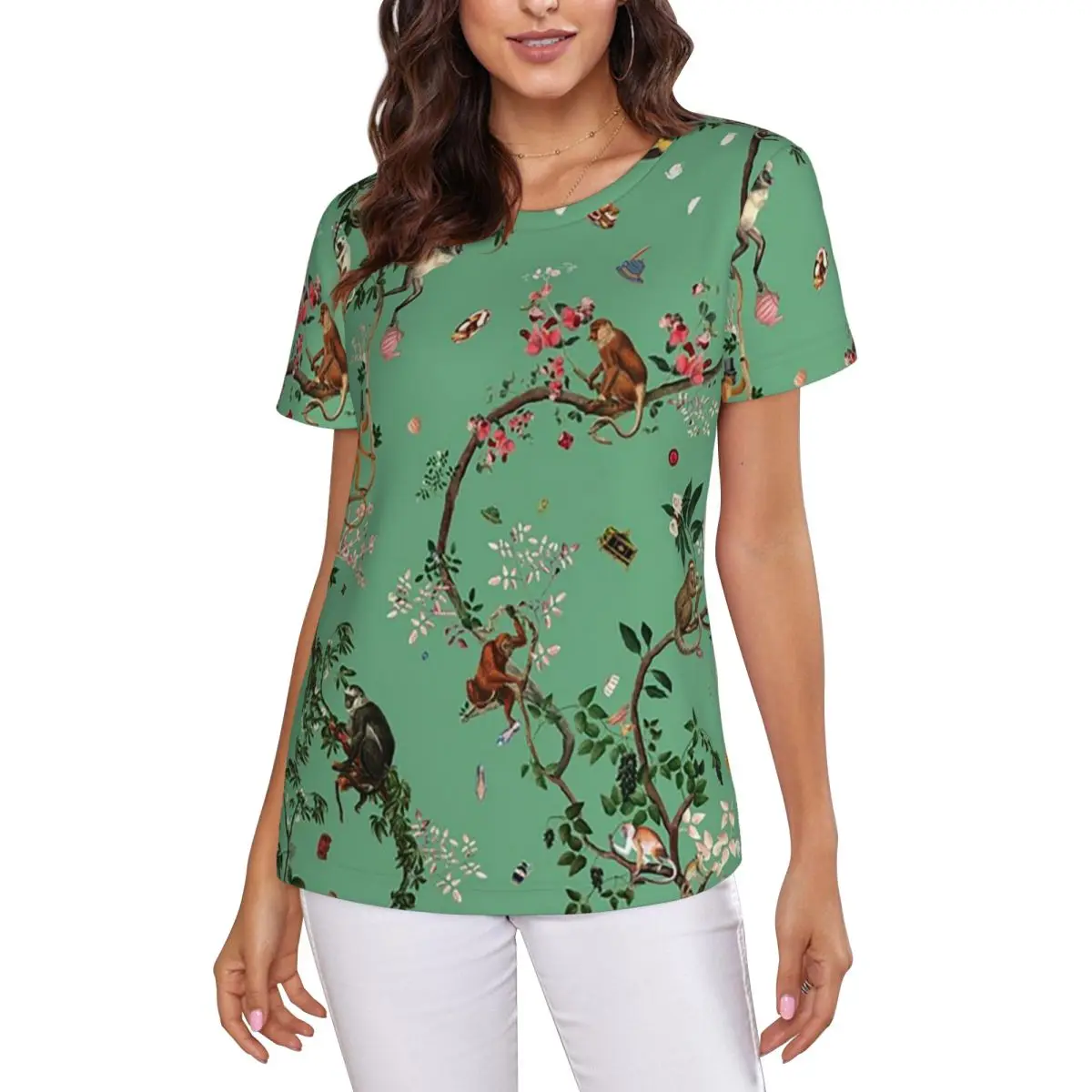 Monkey World Green T-Shirt Women Short Sleeve T Shirts Round Neck Clothing Cotton Summer Tees Streetwear