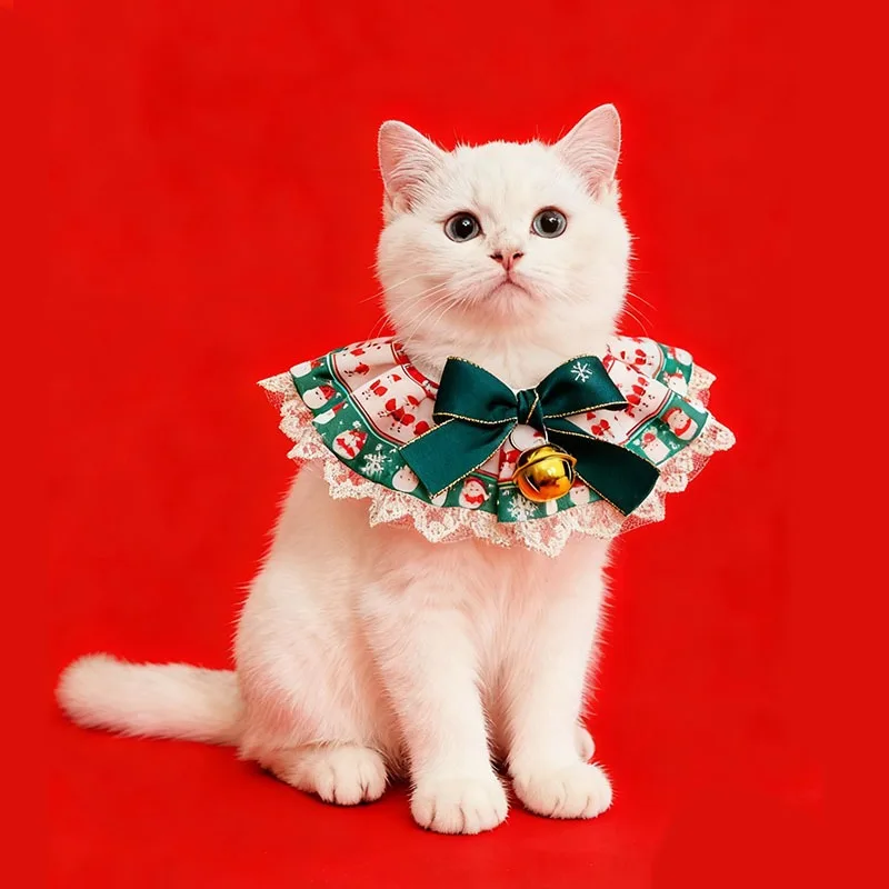 

10pcs Adjustable Cotton Bib with Christmas Print for Cats and Dogs Winter Season Neck Scarf Pet Accessory Lace Collar