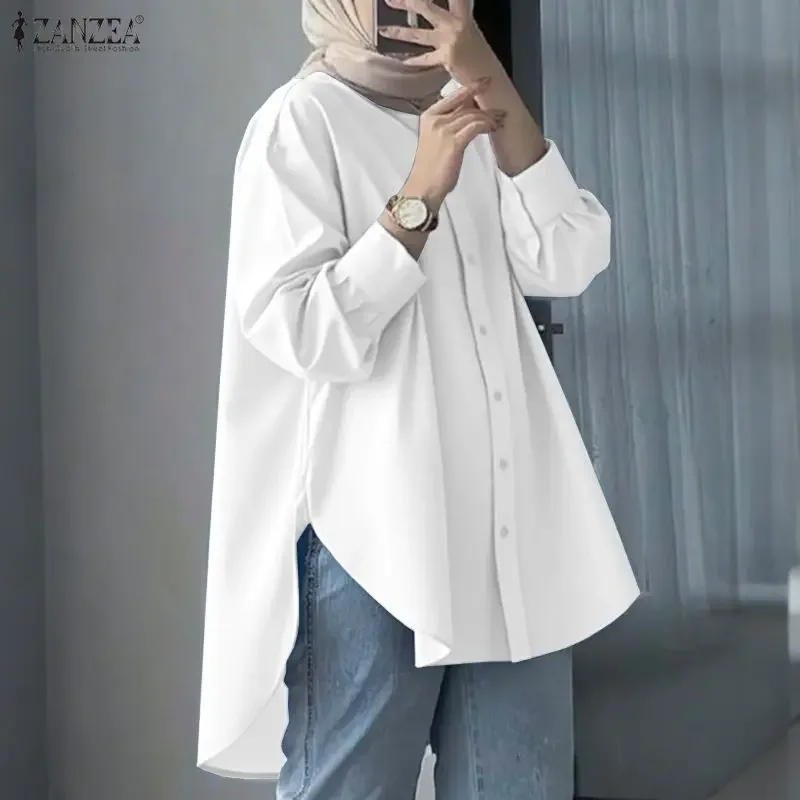 

ZANZEA 2026, модная женская рубашка, весенняя элегантная рубашка с лацканами и длинными рукавами, однотонная высокая и низкая рабочая блузка, мусульманская изозиционная одежда