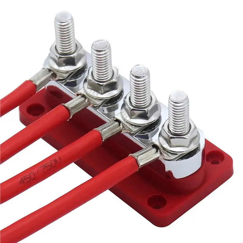 ABWR-3X 600A Bus Bar 4-Stud (3/8 Inch) M10 High Current Copper Busbar Terminal Block Marine DC 12V 24V 48V With Cover(Red)