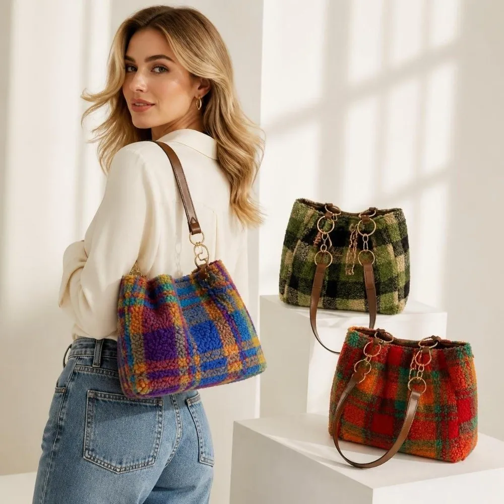 New Plaid Pattern Shoulder Bag Large Capacity Tote Bag Lamb Velvet Texture Soft Underarm Purse Women