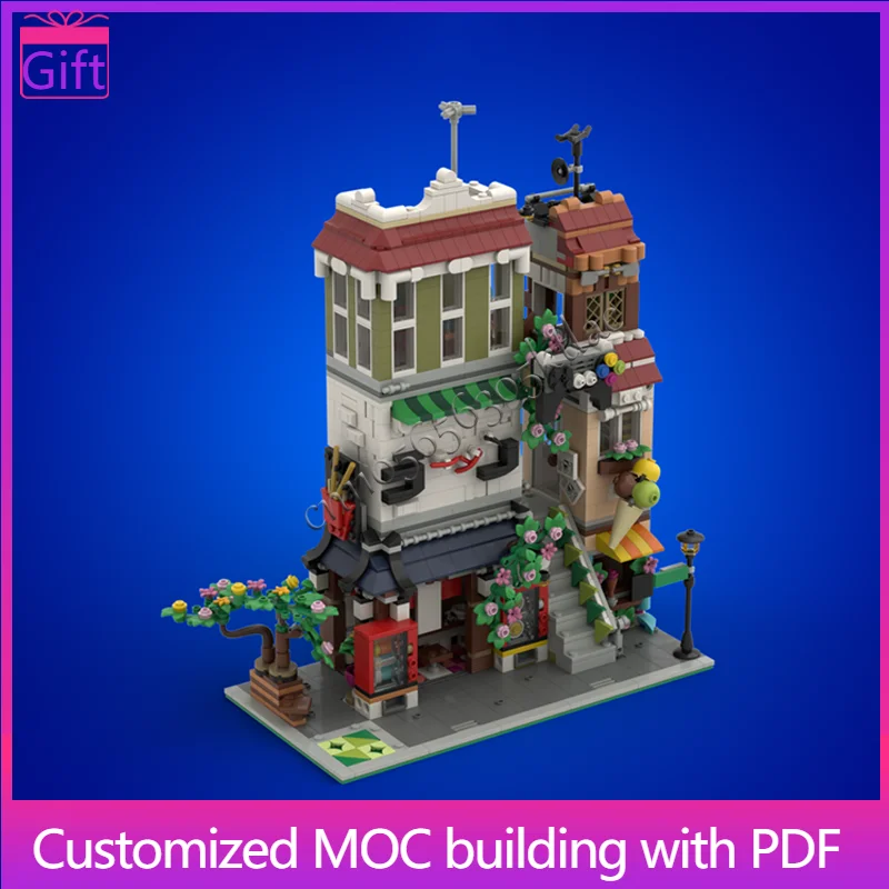 

1631 детали MOC, вид на улицу, модульный дом с лапшой рамэн, угловой строительный блок, обучающая сборка «сделай сам», детская игрушка, популярный подарок