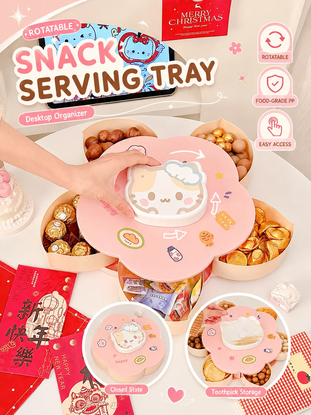 Rotatable Cute Cartoon Divided Snack Storage Tray Food Grade Divided Nut Multi Grid  Candy Dried Fruit Tray Holiday Party Daily