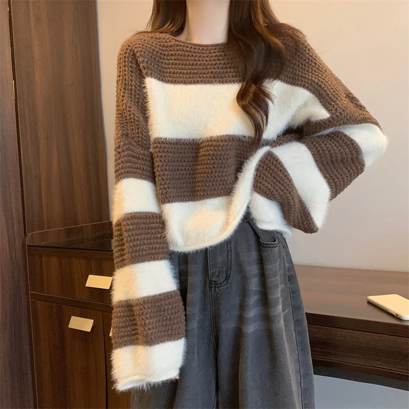 

Winter New Long Sleeve Stripe Sweater Women Harajuku Tops Casual Retro Loose Outer Wear Lazy Style Pullover Round Neck Knit