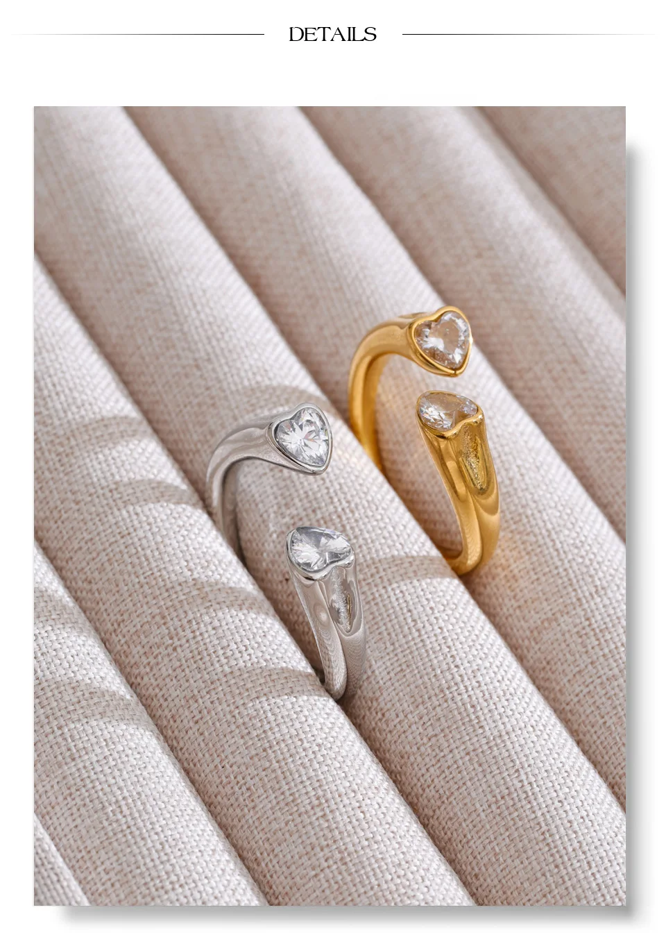 Yhpup 2026 Edelstahl Zirkonia Herz Verstellbarer Ring 16 Karat Platin PVD plattiert Zarter Charm Fingerschmuck Empfehlen – Detail 5