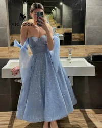 Shinning Blue Prom Dress Off The Shoulder Bow A Line Wedding Prom Dresses Mermiad Birthday Party Dress Customized