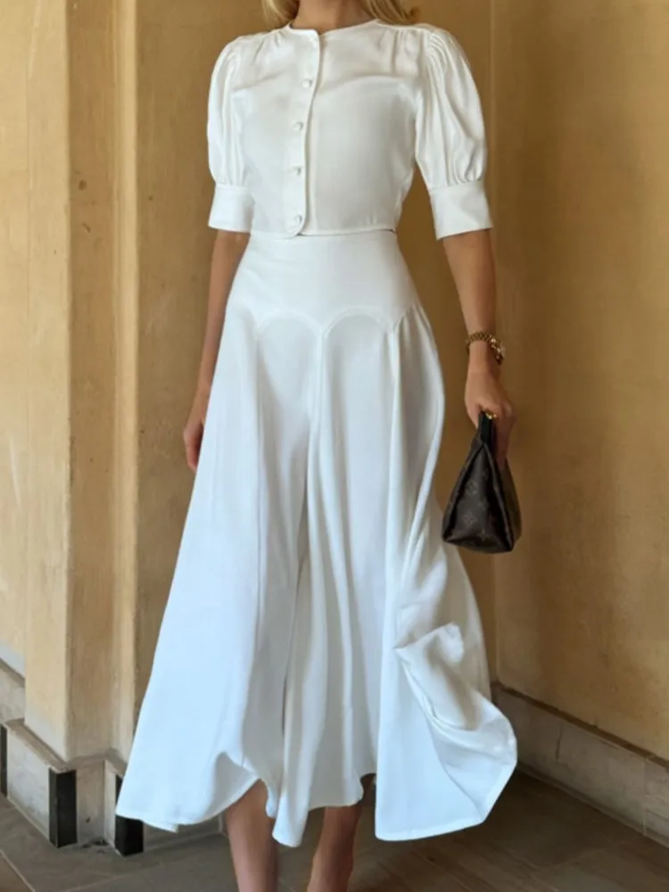 

Fashion Stain Skirts Set Woman 2025 New Summer White Elegant Short Sleeve Single Breasted Crop Top+High Waist Long Skirt Sets