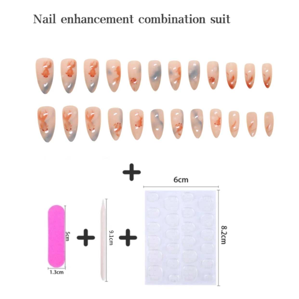 24개 중간 길이 아몬드 모양 인조 손톱 착용 가능한 완성형 손톱 귀여운 여름 금붕어 디자인 탈부착 가능한 인조 손톱