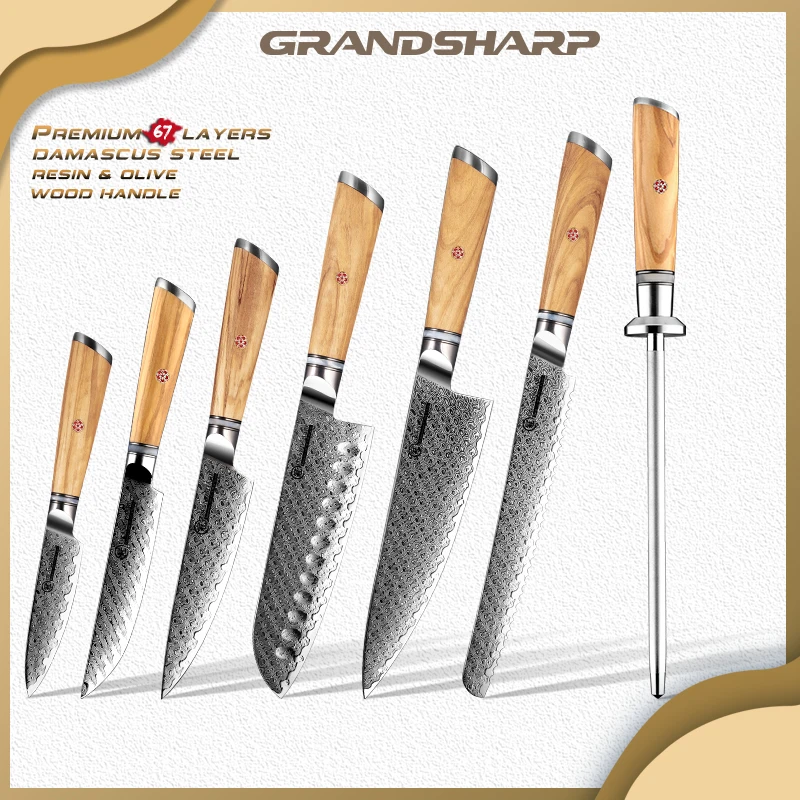 Grandsharp 1-7 Pcs Kitchen Knife Set Japanese Damascus Knife AUS-10 Steel Chef Utility Bread Knives Sashimi Slicing Cutlery