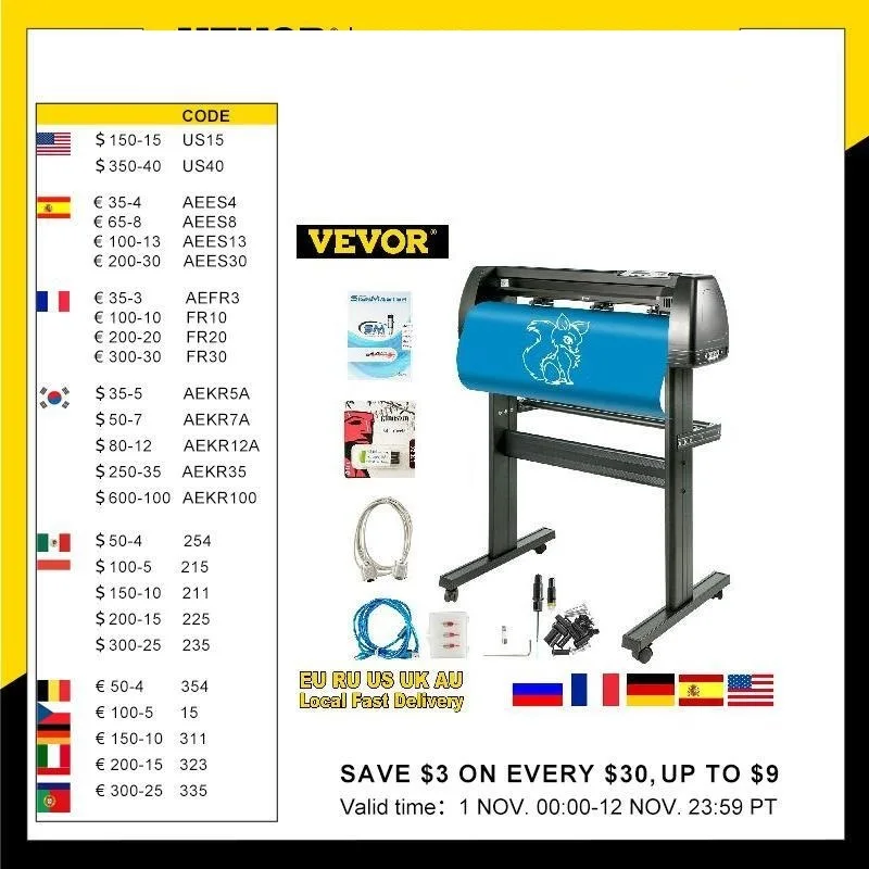 28-34 Inch Vinyl Cutter Machine W/ Floor Stand Vinly Sign Cutting Plotter Starter Kits Software Adjustable Force Speed