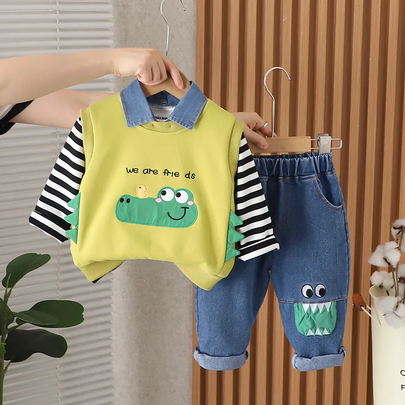 Kids Outfits 2024 New Autumn Baby Boy Clothes 12 To 18 Months Cute Crocodile Vest + Striped T-shirts + Pants Boys Tracksuit Set