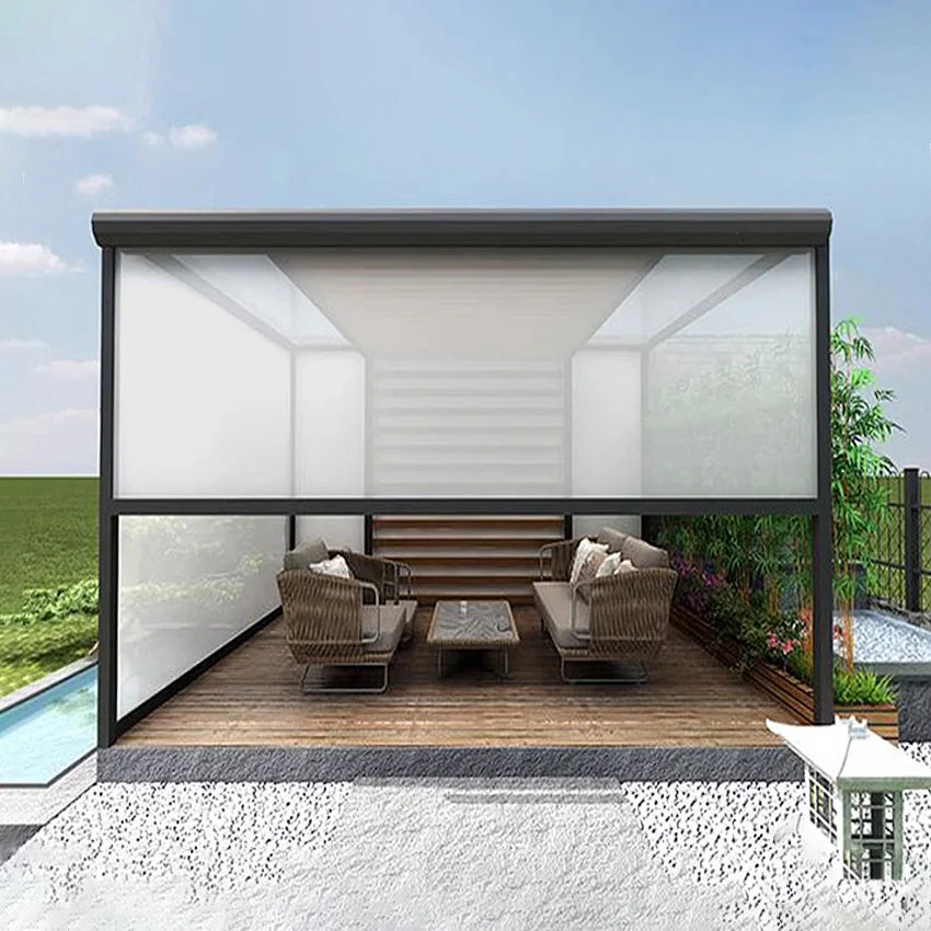 Motorized Built-In Plain Outdoor Zip Track Fireproof Windproof Fabric Patio Privacy Screen Pergola Sun Shades