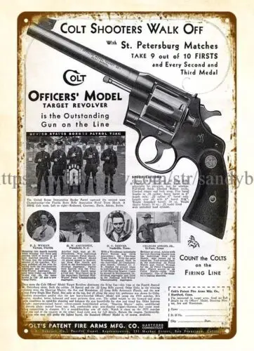 1935 gun firearm Colt Officers Model 38 Special Target Revolver metal tin sign