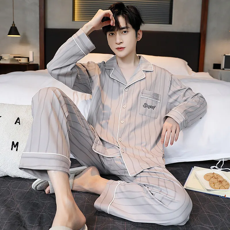 Cardigan Men's Pajamas Set for Spring Autumn Korean Fashion Nightwear Long Sleeves Trouser 2Pcs/set Loungewear Young Boy Pyjamas