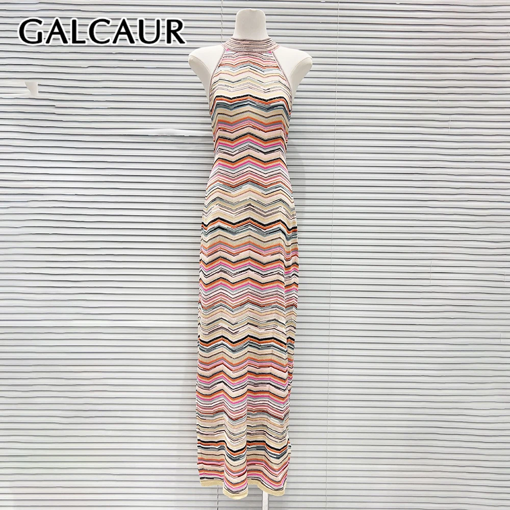 GALCAUR Colorblock Slimming Spliced Stripe Midi Dress for Women Round Neck Sleeveless Patchwork Hollow Out Dresses Female New